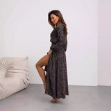 Zingj Women's Dress Dress Print V-Neck Sexy Slit Long Sleeve