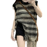 Zingj Retro Design Sense Hollow Out Sleeveless Sweater New Summer Contrast Color Stripes In The Long Tassel Top