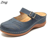 New Women Flat Shoes Mules For Women PU Leather Round Head Sandals Closed Toe Sandals Women Slipper Non-slip Retro