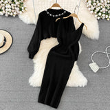 Zingj Temperament Round Neck Nail Bead High Waist Short Show Navel Sweater Two Sets Of Knit Vest Dress Female