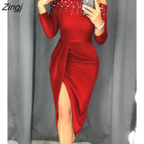 Women Fashion Elegant Autumn Solid Off Shoulder Beaded Ruched Party Dress Spring Long Sleeve Midi