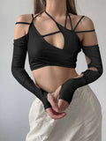 Women Halter Tops Gothic egirl Patchwork Long Sleeve Crop Top Sexy Cut Out Casual