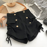 Waist short Pants Women's Summer Double Breasted Metal Decoration Fake Pocket High Street Casual Drawstring A-shaped