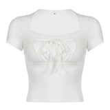 Zingj Court Square Collar Chest Pleated Belt Solid Color Shoulder Short Sleeve T-Shirt