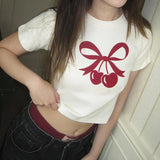 And Lovely Cherry Bow Printed Round Collar Basic T-Shirt Girls Wear A New Style Of Simple Blouse In