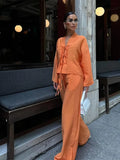 V Neck Hollow Out Lace Up Long Sleeved Shirt Set Women Causal Loose Solid Wide Leg Pants Suit New Ladies Street