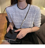 Zingj Summer New Round-Neck Color Love Knitted Blouse Women's Hollowed-Out Loose Lazy Wind Short-Sleeved T-Shirt As The