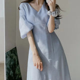 Zingj Chic Summer Elegant Temperament V Collar Texture With Lantern Sleeve Blue Chiffon Dress Long Skirt
