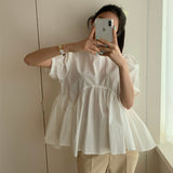 Zingj Chic Summer Careful Machine Back Hollow Tie Doll Shirt Female Loose Solid Color Bubble Sleeves Shirt
