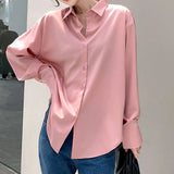 Fashion Button Up Satin Silk Shirt Vintage Blouse Casual Loose Button Up Down Shirts Tops Lady Long Sleeve Female