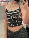 SUCHCUTE Gothic Print Crop Tops Women Dark Academic HiP Hop V Neck Tank Top Harajuku Grunge Fairycore Casual Streetwear