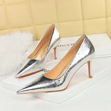 Zingj Retro Banquet Heels With Shallow Pointed Metallic Ultra High Single Shoes Women's