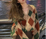 Zingj Version Bump Color Diamond Case Knitting Cardigan Female Autumn Winter New Wear Retro Loose V-Neck Sweater Coat