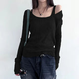 Color Simple Pit Strip Slimming Retro Fashion Single Bare Shoulder Long Sleeved Two-Piece Blouse 2024 Spring / Summer New