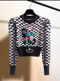 Fashion Cartoon Cat Embroidery Knitwear Women's Autumn/Winter Plaid Bubble Sleeve Casual Short High Waist Pullover
