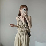 Version Of Summer Sling Suit Vertical Collar Lace Pleated Blouse Tea Is A Complete Set Of Elastic Wide-Leg
