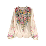 Shirt Women's Short Style 2023 Spring European New Oil Painting Aesthetic Printing Lantern Cage Sleeves Temperament Age-Reducing Chiffon