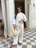 Women Solid Flower Shape Hollow Out Pants Sets Women Fashion Long Sleeve Lapel Shirt Elastic Waist Suits Casual Loose