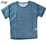 Women Ladies Solid See-Through Vintage Shiny Tops Short Sleeve Summer T-Shirt Casual