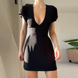 Sexy V Collar Waist Shows Thin Short-Sleeved Dress Temperament Slim Casual Pure Color Hip Skirt
