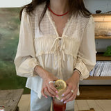 Vintage V-Neck Mesh Tie Bow Long Sleeve BlouseOutfit