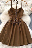 Sexy Draw String Spaghetti Strap Dress Elegant Halter Bandage Mini Beace Vestidos Female Slim Robe New Fashion