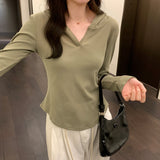 Basic Style Threaded Hooded Top Women's Autumn And Winter New Slim Short-Sleeved