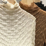 Women Turtleneck Long Sleeve Lace Pullover Basic Elegant Fashion Bright Line Decoration All-match Office Female Retro