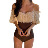 Off Shoulder Flounce One Piece Swimsuit Lady 2022 Monokini Half Sleeve Swimwear Women Swim Bath