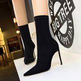 Zingj Simple Women's Boots Thin Heel Ultra High Heel Sexy Nightclub Pedicure Show Thin Pointed Lycra Elastic Ankle