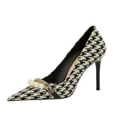 Zingj Thousand Bird Case High Heels Slender High Heels Shallow Pointed Pearl Chain Plaid Women's Single