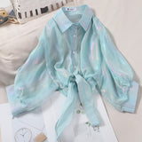 Woman Blouses Sparkles Shinning Chiffon Shirts Button Up Women's Blouse shirts Tied Up Waist Transperant