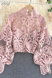Lace Hollow Out Short Blouse Casual Lantern Long Sleeve Stand Collar Shirts Female Elegant Red/Pink/White Loose Tops