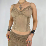 Trendy Lace Lace Spliced Suede Halter Top 2024 New Hot Girl Sexy V-Collar Slim