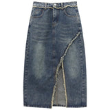 Women Denim Maxi Skirts Y2k Fashion High Waisted Blue Vent Raw Edge Korean Version Washing Casual Wrap Buttock Jean