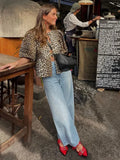 Printed Bow Lace Up Hollow Out Shirt Women loose O Neck Puff Sleeved Tops Blouses 2024 Spring Female Cropped