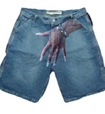 Zingj New Hip-Hop Funny One-Hand Pattern Printed Denim Shorts Men's High Street Fashion And Leisure 211-1-Outfit