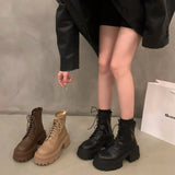 Zingj Boots Women's Shoes British Wind In 2023 Fall New Short Boots Versatile Thick Sole Spring And Autumn Web Celebrity Single Boots Khaki-Outfit