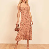 For Women Elegant Vintage Floral Dress Frill Sweetheart Neck Sleeveless Strap Tie Ruffle Hem Summer Beach