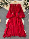 Autumn Women Irregular Ruffle Draped Midi Dress Vintage Yellow/Blue/Red O-Neck Puff Long Sleeve Vacation Beach Robe