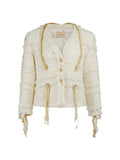 Designer Women's Short Tweed Coat 2023 New Autumn Fashion Beading Chain V-Neck Long Sleeve Jacket Femme
