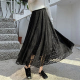 Midi Long Lace Skirts Spring Summer Elastic High Waist Female Mesh Pleated Skirt Fairy