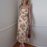 For Women Elegant Vintage Floral Dress Frill Sweetheart Neck Sleeveless Strap Tie Ruffle Hem Summer Beach
