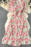 Women Floral Long Dress Elegant Square Collar Short Sleeve High Waist A-Line Casual Vestidos Female Robe New Fashion