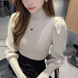Zingj Korean Version Semi-High Round Collar Design Bubble Sleeve Knitted Sweater Autumn And Winter New Foreign Style Pullover Women's