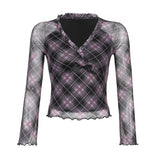 Girl Style Bowknot Splicing V-Neck Slim Checkered Mesh T-Shirt 2023 Autumn New Style Vintage