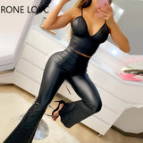 Women Pu Leather Spaghetti Strap Crop Top & Flared Pants Set Solid Set Two