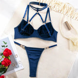 Velvet Hollow Out Halter Bra And Underwear Lingerie Set- Outfit