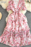 Women Floral Chiffon Draped Long Dress Vintage V-Neck Short Puff Sleeve High Waist Ruffle Pleated Vacation Beach Robe