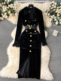 Retro Long-Sleeved Gold Velvet Dress Women's High-End Light Extravagant Suit Collar Waist Metal Button Medium